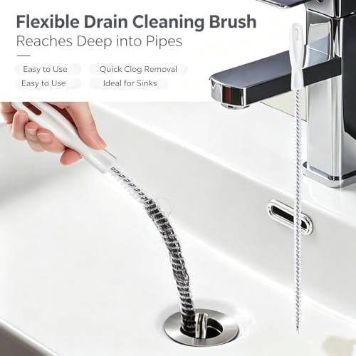 Drain Cleaning Brush, Flexible Sink Drain Clog Remover Tool, Long Pipe Hair Catcher Cleaner for Kitchen Sink, Bathroom Tub, Toilet and Shower Drain, Reusable Cleaning Accessory