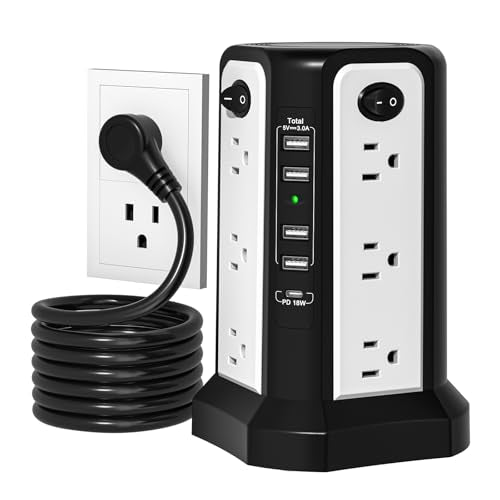 PASSUS Surge Protector Power Strip Tower 10FT with PD18W USB C Port - style: Black White-4A1C