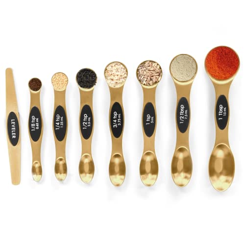Magnetic Measuring Spoons Set Stainless Steel with Leveler, Stackable Metal Tablespoon Measure Spoon for Baking, Measuring Cups and Spoon Set Kitchen Gadgets Apartment Essentials Fits in Spice Jars - color: Gold