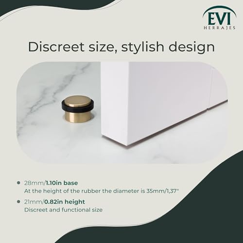 EVI Herrajes | Adhesive Door Stop | Threaded Base | W:1,1in H:0,8in | Matte Finish Brass | Silicone Black Rubber | Simple Fixation | 100% Functional | Mod. I-103/28 - color: Brass - Black Rubber