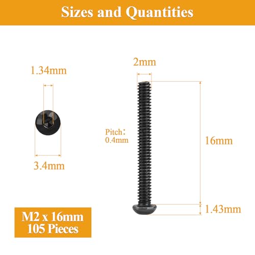 105 Pieces M2 x 16mm Button Head Socket Cap Screws, Thread Pitch 0.4mm, Sutemribor M2 Black Screws, 10.9 Grade Alloy Steel, Black Oxide Finish, Fully Threaded - size: M2 x 16mm, style: Button Head