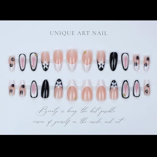 LPOODDNU Black White Press on Nails - Almond Medium French Fake Nails with Flower&Gold Bead Designs, Glossy Finished Reusable False Nails with Glue Tabs - 24Pcs Nail Kit for Women Manicure - color: black white french flower