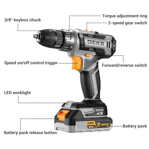 Power Drill Cordless: DEKOPRO Cordless Drill 20V Electric Power Drills Set Tool Drills Cord-less Set with Battery and Charger - color: Gray