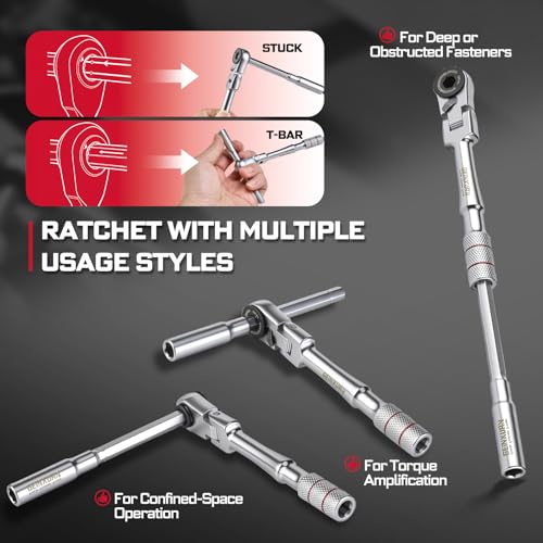 Geinxurn 60Pcs 180° Pivoting Flex Head T-Handle Ratchet Wrench Set, 72-Tooth 1/4" Reversible Ratchet with Extension Bar, Socket Adapter & 1" Impact Screwdriver Bits (Phillips/Torx/Hex) for DIY - size: 60pcs-Changeable