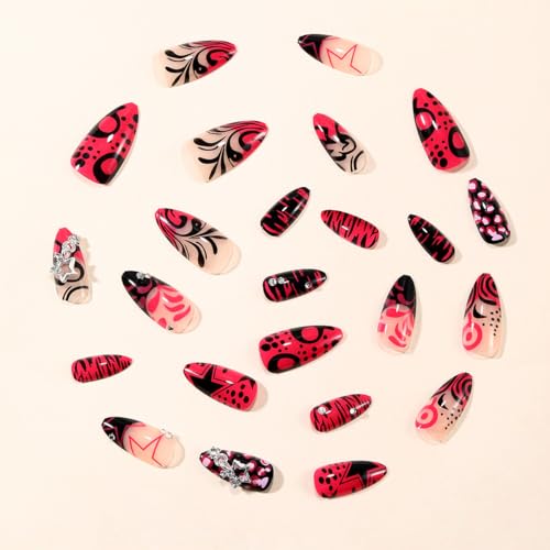 Medium Almond Press On Nails Pink with Y2K Star Rhinestones Curve Lines - color: Style1