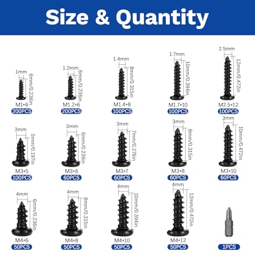 1240Pcs Self-Tapping Screws Assortment Kit - Phillips Pan Head Wood Screws, M1-M4 Black Carbon Steel Metric Screw Set, 14 Sizes for Wood Plastic Metal, DIY Furniture Cabinet Electronics - size: M1/1.2/1.4/1.7/2.5/3/4-1240Pcs