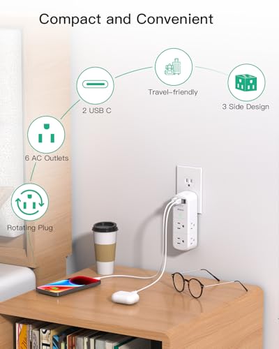 PD20W USB Outlet Extender with Rotating Plug, 6 AC Multi Plug Wall Outlets - color: White, size: 1A2C&PD20W, 1-pack