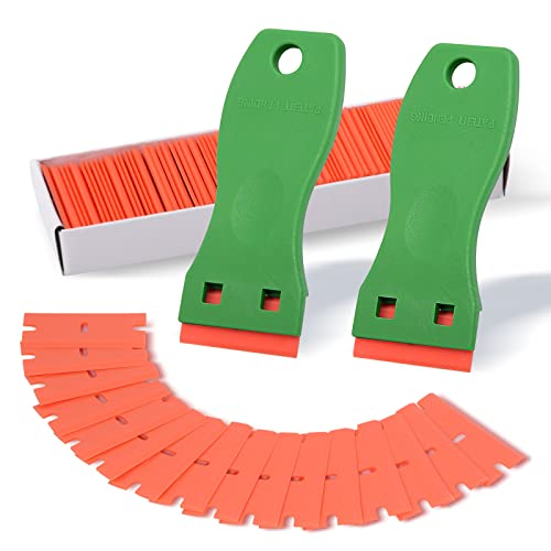 FOSHIO 2PCS Green Plastic Razor Sticker Remover Paint Scrapers with Contoured Grip + 100 PCS 1.5 inch Refillable Double Edge Plastic Razor Blades for Cleaning Adhesive Vinyl Decals Stickers Labels - color: Green
