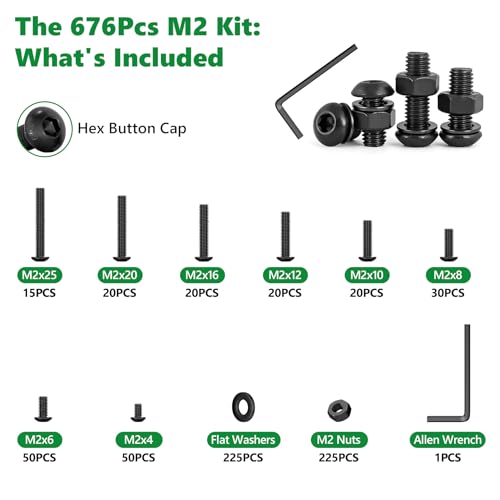 676PCS M2 Screw Assortment Kit, 10.9 Alloy Steel Hex Button Cap Bolts - size: M2 676pcs 2