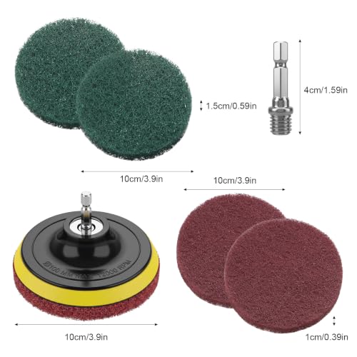 4 Inch Drill Attachments for Cleaning, 3.9" Scrub Brush Set with Red & Green Pads Drill Brush Power Scouring Pads for Kitchen Bathroom Household Cleaning