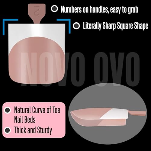 NOVO OVO French Tip Toe Nail Tips Press on, Sharp Square Pre-Designed Soft Gel False Toenail Extension, BROWN PINK Pre-applied Tip Primer & Base Coat, Full Cover Acrylic for DIY x 15 Sizes 240 pcs - color: Sharp Square French Tip Brown Pink