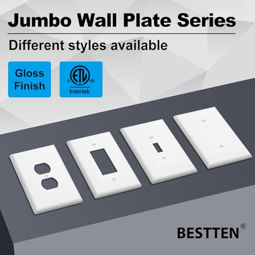 BESTTEN 10 Pack 1-Gang Jumbo Duplex Receptacle Outlet Wall Plate, White - size: Duplex Oversize
