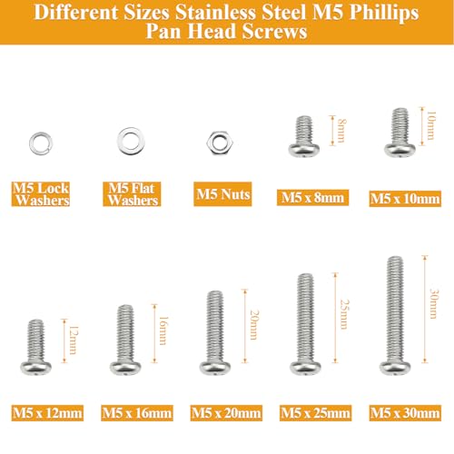 242 Pieces M5 Machine Screws Nuts Washers Set, Sutemribor M5 x 8/10/12/16/20/25/30mm Phillips Pan Head Machine Screws Nuts Washers Assortment Kit, 304 Stainless Steel, Fully Threaded - size: M5 Screws Kit, style: Phillips Pan Head