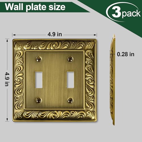 3-Pack Antique Brass Decorative Double Toggle Light Switch Cover Plate - size: 2 Gang Double Toggle