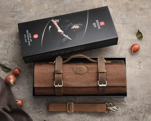XINZUO Chef Knife Roll Bag-Professional Chef Knife Case-16oz Waxed Canvas and Crazy Horse Leather -With 12 Slots Plus 2 Zipper Pockets to Hold Kitchen Cooking Tools-Travel Tool Roll Pouch(Bag Only) - color: Brown