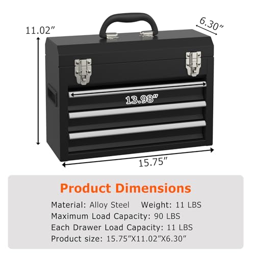 Portable Metal Tool Box with Drawers, Latches Tool Box with EVC Liners for Garage, Home and Workbench (Black) - color: Black