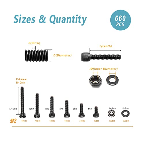 KADRICK 660Pcs M2 Screws Assortment,Hex Socket Head Cap M2 Bolts Kit - size: M2 660Pcs