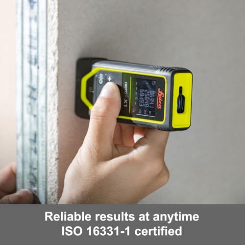 Leica Disto X1 - Range 330 ft, Bluetooth 4.2 and NFC Data Transfer, add and Subtract, Volume, 4-line Display, IP 65 dust and waterjet Protection and 6 ft Drop Tested, Hand Loop, Pouch.