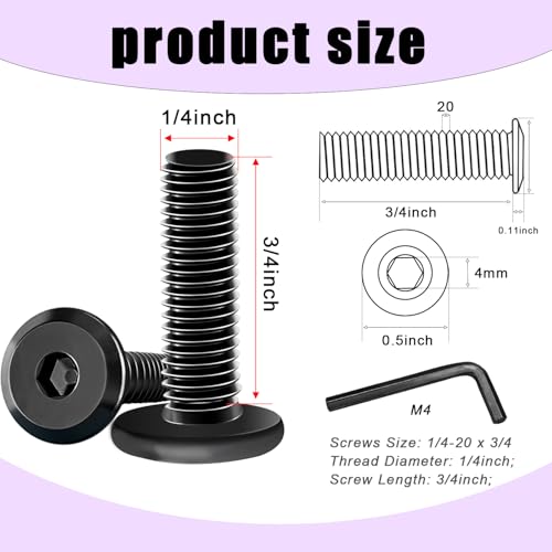Taiss 30pcs 1/4-20 x 3/4" Flat Head Socket Head Screw,Furniture Bolts,Furniture Screws 304 Stainless Steel,1/4 Bolts Black Zinc Plated Fully Threaded,Countersunk Connector Screws with Hex Spanner - size: 30PCS 1/4-20x3/4"