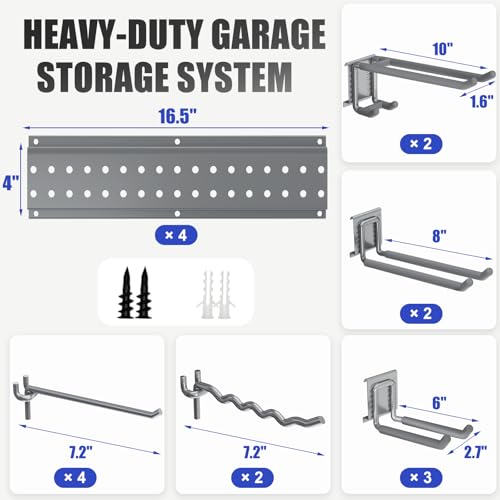 Garage Tool Organizer Wall Mount 66 inches with 13 Adjustable Heavy-Duty Hooks, Garage Organization, Garden Tool Storage Rack, Yard, and Shed, Holds Up to 520 lbs (Grey) - size: 66" | 4 Panels + 13 Hooks