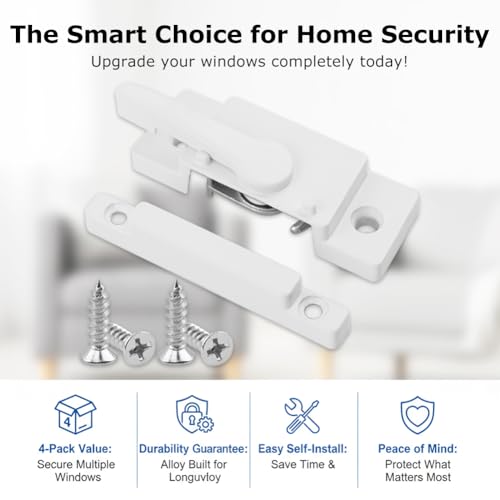 4Pcs Window Sash Lock Replacement Set, Aluminum Alloy Sliding Window Locks with 16 Screws - 2.4 Inch Mounting Hole Spacing, Cam Lock Design for Home/Office Security(Color:White)