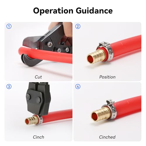 PEX Cinch Clamp Tool Kit - 3/8" to 1" Clamp Tool, Pipe Cutter, 12 Brass PEX Fittings (5 Coupling, 5 Elbow, 2 Tee), 20 * 1/2" + 10 * 3/4" Stainless Clamps