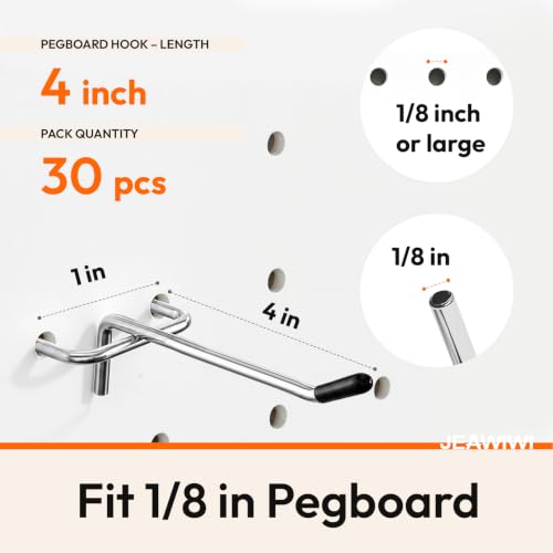 JEAWIWI 30 Pcs, Metal Pegboard Hooks, 4 Inch, Fit 1/8 in Pegboard - size: 4in 30pcs