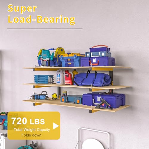 4 PACK Lumber Storage Rack Wall Mount Wood Organizer Storage Racks Heavy Duty Shelf Brackets with 6-Level System 720 LB Sturdy Folding Garage Wall Shelving, Snowboard Rack for Indoor and Outdoor - color: Yellow, size: B– 4 Pack, 6-Tier