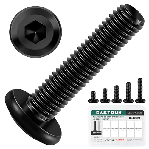 25Pcs M6 Bolts x 12/16/20/25/30mm Flat Head Hex Socket Cap Screws and Bolts Assortment Kit 304 Stainless Steel, Black Oxide Finish Furniture Bolt with Hex Key - size: M6 X 12/16/20/25/30mm