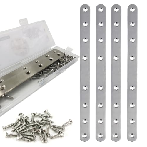 QSJ 4 Pack Flat Straight Bracket Mending Plate for Wood Stainless Steel Straight Brackets 242mm / 9.5" Wood Brace with Screws - size: Silver, 9.5 Inch