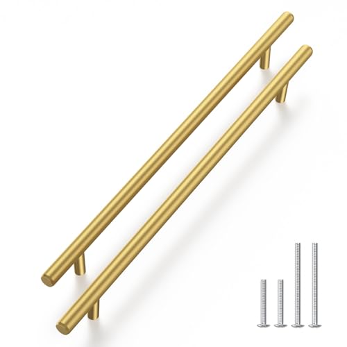 Haliwu 30 Pack 10in Gold Cabinet Handles for Kitchen Cabinet Handles | Stainless Steel, Gold Handles for Cabinets, Round T-Bar Shape, Brushed Gold Cabinet Pulls, Screws Included - size: 10-1/16 inch hole center