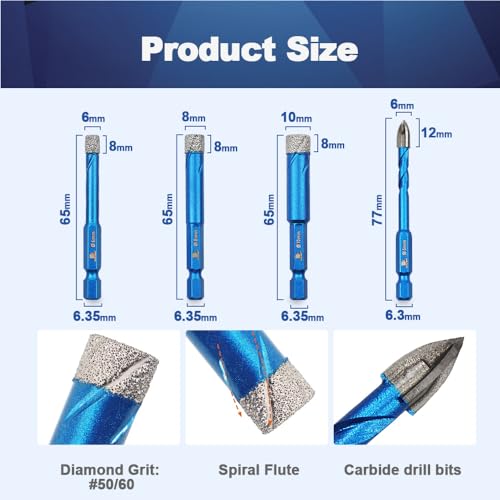 Diamond Drill Bit - BRSCHNITT 1/4 1/4 5/16 3/8 inch Masonry Drill Bits Set for Porcelain Tile Ceramic Stone Granite Marble,Hex Shank Diamond Hole Saw Drill Bit(5pcs/Pack). - size: 6/6/8/10mm+6mm