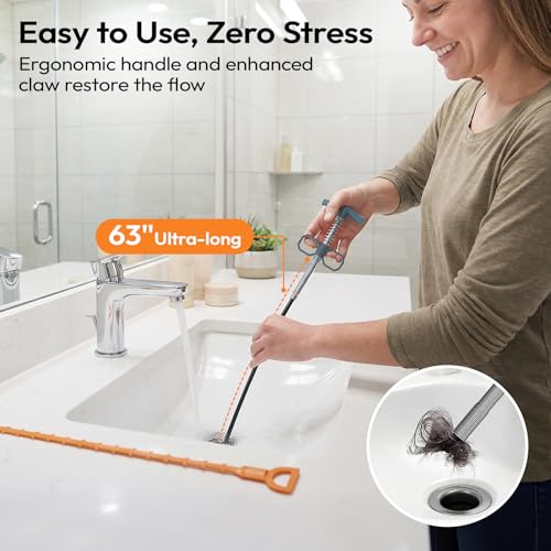 Drain Snake Clog Remover Set, 63" Metal & 20" Plastic Hair Snake