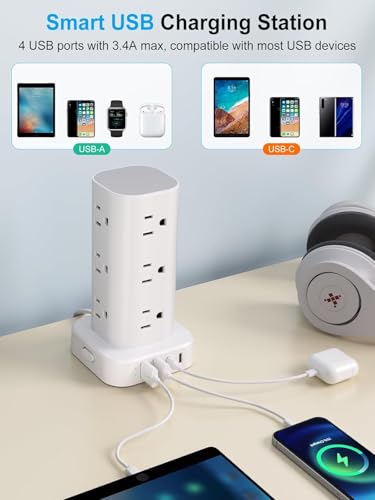 15FT Power Strip Tower Surge Protector, 12 Wide Spaced Outlets, 4 USB - color: White, size: 15FT without Wireless Charging