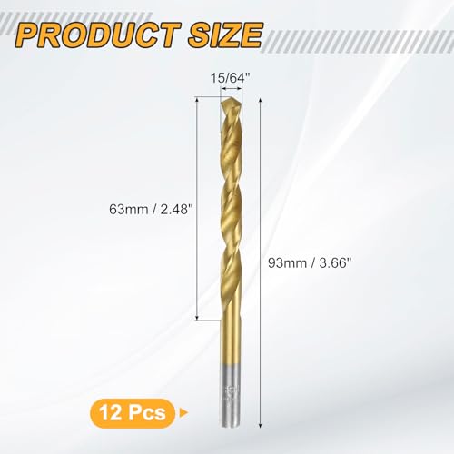 uxcell 12pcs Titanium Twist Drill Bit 15/64" Drilling Dia High Speed Steel Drills for Hardened Metal, Stainless Steel, Cast Iron, Wood, Plastic - size: 15/64 inch
