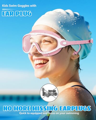 Aegend New Kids 2 Pack Wide View Swim Goggles, Anti-Fog/UV No Leak Goggles with Ear Plugs Kids 3-14 - color: Pink & Light Blue