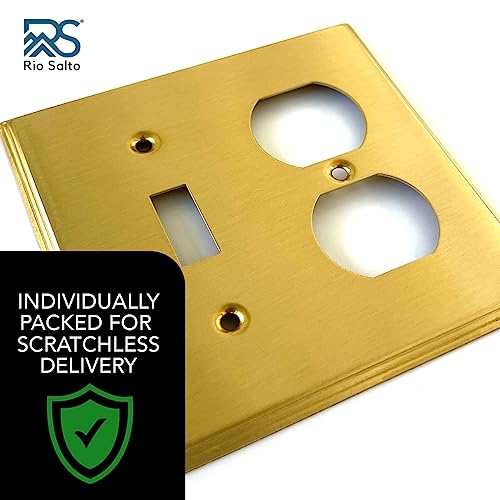 Rio Salto BRASS Light Switch Cover Toggle Duplex Combination Wall Plate Flip Switch Receptacle Brushed Brass Gold Metal Outlet Covers Decorative — Deco Collection, Standard 4.56" x 4.50" - color: Combo Toggle / Duplex (1-Pack)