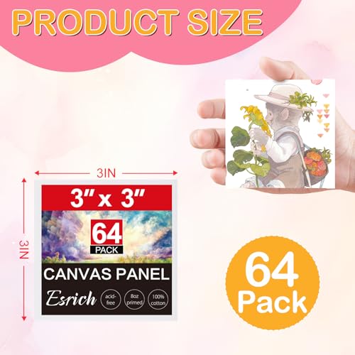 ESRICH 3x3IN Small Canvases for Painting, 64 Pack Mini Canvas Boards Cotton Painting Canvas Primed Acid Free Mini Blank Canvas Panels for Oil Paint,Watercolor,Acrylic Paint,Gouache&Tempera. - size: 3x3in 64pack
