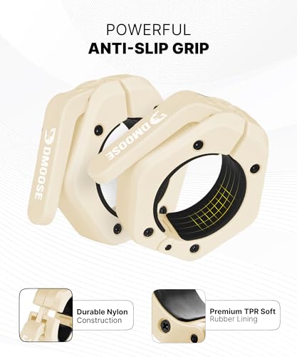 DMoose Fitness Barbell Clips 2 Inch (Pair) - Quick Release Olympic Barbell Clamps & Collars with Anti Slip TPR Grip for Secure Weightlifting and Powerlifting - Weight Clips for Bars at Home or Gym - color: Beige, style: Non Magnetic