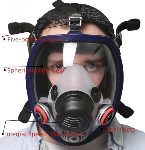Spherical Wide View Full Face Respirator with Built-in Microphone, Reusable Anti-Fog Silicone Full Face Gas Mask, Dual Air Inlets & Replaceable Filters for Spray Paint, Chemical, Sanding Protection