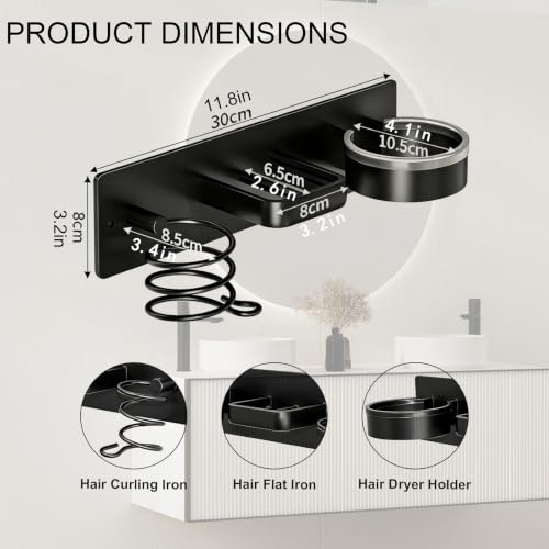 3-in-1 Aluminum Hair Dryer Holder, Matte Black Styling Tools Rack | No Drill Heat Resistant Wall Hair Tool Stand for Blow Dryer, Flat Iron & Curling Iron, Bathroom Rental Homes, No Wall Damage - size: B