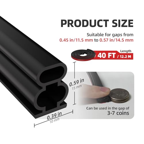 Black D-Shape Weather Stripping 40Ft (Fits 0.4–0.5in Gaps) - color: Black, size: 0.59" Thick x 40 Ft