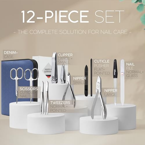 Manicure Set Women and Men – 12-Piece Professional Grooming Kit with Premium Tools, Artificial Leather Case, and exclusive Glass Nail File for Hand & Foot Care, German Quality - color: Denim