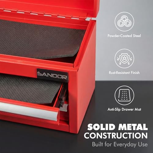 Mini Tool Box - Metal Tool Chest with 2 Drawers & PVC Drawer Liners - Red - color: Red