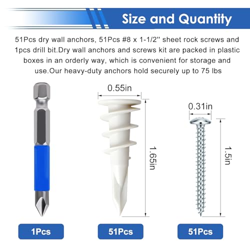 smseace 103Pcs Self Drilling Drywall Anchors with Screws Kit, 51Pcs #8-1-1/2” Self-Tapping Screw, 51Pcs Drywall Anchor, 1Pcs Drill bit Holds Upto 75lbs - color: White