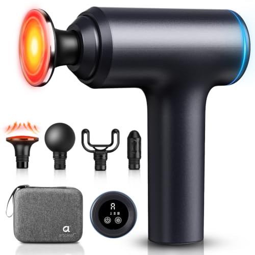 arboleaf Heated Massage Gun Deep Tissue, 3 Heat Levels, Silicone Round Head | massager gun with 5 preset speeds, adaptive pressure mode, 10mm amplitude, 4 heads, USB-C charging, low battery indicator - color: Matte Black