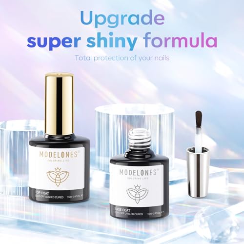 modelones Gel Top Base Coat Set 15ml 2026 Upgrade No Wipe Super Shine - color: Base Top Coat Set Clear