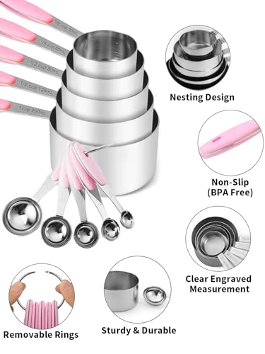 Joyhill Stainless Steel Measuring Cups and Spoons Set of 10 Piece, Nesting Metal Measuring Cups Set with Soft Touch Silicone Handles for Dry and Liquid Ingredients, Cooking & Baking (Pink) - color: c)Stainless Steel-Pink