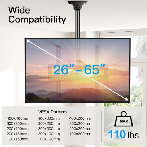 PERLESMITH Ceiling TV Mount for 26-65 inch Flat Screen Displays, Max VESA 400x400mm, Hanging Adjustable Ceiling TV Bracket Fits Most LCD LED OLED 4K TVs, Pole Ceiling Mount Holds up to 110lbs, PSCM2 - size: for 26-65 Inch TVs