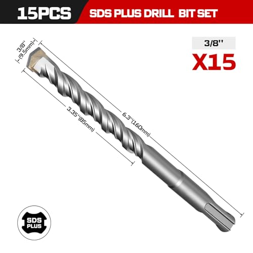 Geinxurn 3/8" x 6" SDS Plus Rotary Hammer Drill Bits, 15PCS Double Thread Masonry Drill Bits Set Carbide Tipped, Drilling in Brick, Stone and Concrete, Cement Walls - size: SDSBIT03080-015